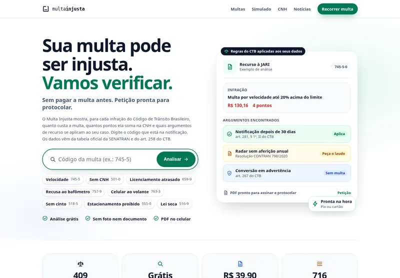 Página inicial do site Multa Injusta